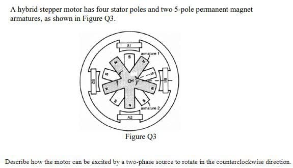 A hybrid stepper motor has four stator poles and two 5-pole permanent magnet
armatures, as shown in Figure Q3.
A1
armature 1
armalure 2
A2
Figure Q3
Describe how the motor can be excited by a two-phase source to rotate in the counterclockwise direction.
