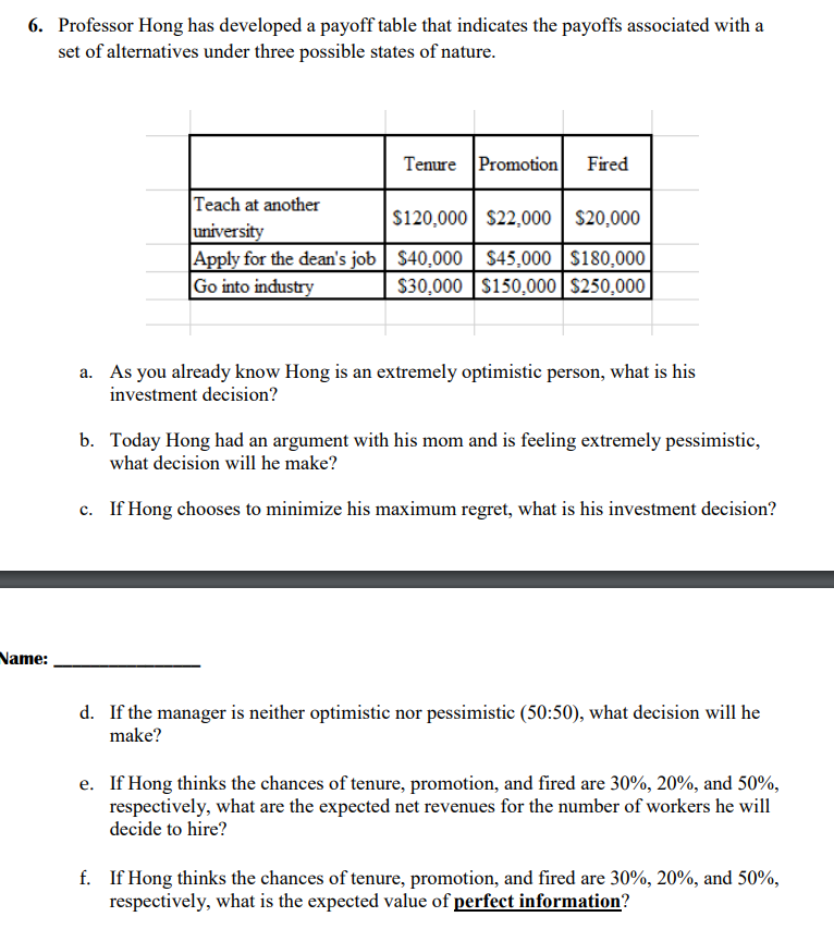 6. Professor Hong has developed a payoff table that indicates the payoffs associated with a
set of alternatives under three possible states of nature.
Name:
Tenure Promotion Fired
Teach at another
university
$120,000 $22,000 $20,000
Apply for the dean's job $40,000 $45,000 $180,000
Go into industry
$30,000 $150,000 $250,000
a. As you already know Hong is an extremely optimistic person, what is his
investment decision?
b. Today Hong had an argument with his mom and is feeling extremely pessimistic,
what decision will he make?
c. If Hong chooses to minimize his maximum regret, what is his investment decision?
d. If the manager is neither optimistic nor pessimistic (50:50), what decision will he
make?
e. If Hong thinks the chances of tenure, promotion, and fired are 30%, 20%, and 50%,
respectively, what are the expected net revenues for the number of workers he will
decide to hire?
f. If Hong thinks the chances of tenure, promotion, and fired are 30%, 20%, and 50%,
respectively, what is the expected value of perfect information?