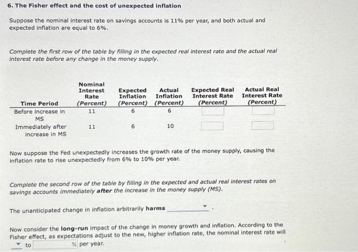 6. The Fisher effect and the cost of unexpected inflation
Suppose the nominal interest rate on savings accounts is 11% per year, and both actual and
expected inflation are equal to 6%.
Complete the first row of the table by filling in the expected real interest rate and the actual real
interest rate before any change in the money supply.
Time Period
Before increase in
MS
Immediately after
increase in MS
Nominal
Interest
Rate
(Percent)
11
to
11
Expected Actual
Inflation Inflation
(Percent) (Percent)
6
6
10
Expected Real
Interest Rate
(Percent)
Actual Real
Interest Rate
(Percent)
Now suppose the Fed unexpectedly increases the growth rate of the money supply, causing the
inflation rate to rise unexpectedly from 6% to 10% per year.
Complete the second row of the table by filling in the expected and actual real interest rates on
savings accounts immediately after the increase in the money supply (MS).
The unanticipated change in inflation arbitrarily harms
Now consider the long-run impact of the change in money growth and inflation. According to the
Fisher effect, as expectations adjust to the new, higher inflation rate, the nominal interest rate will
% per year.