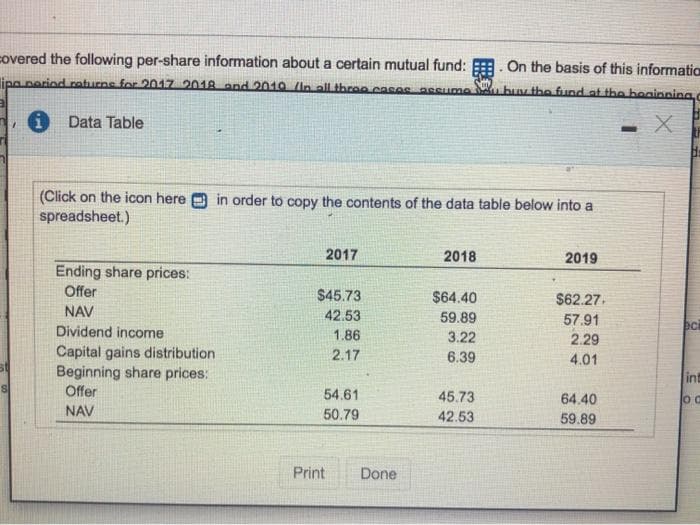 covered the following per-share information about a certain mutual fund:
On the basis of this information
ipa period returns for 2017 2018 and 2010 (In all three cases assume u buy the fund at the honinning c
st
S
7
i
Data Table
(Click on the icon here
spreadsheet.)
Ending share prices:
Offer
NAV
Dividend income
Capital gains distribution
Beginning share prices:
Offer
NAV
in order to copy the contents of the data table below into a
2017
$45.73
42.53
1.86
2.17
54.61
50.79
Print Done
2018
$64.40
59.89
3.22
6.39
45.73
42.53
2019
$62.27.
57.91
2.29
4.01
64.40
59.89
bci
int
OC