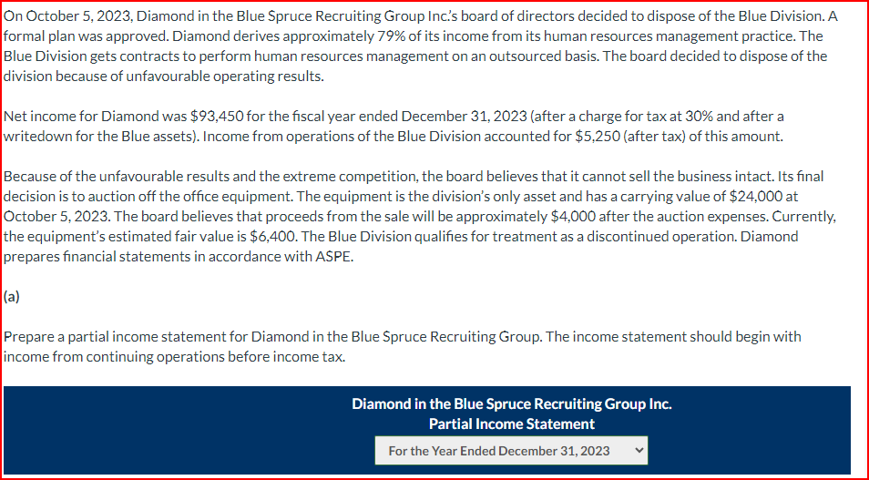 On October 5, 2023, Diamond in the Blue Spruce Recruiting Group Inc.'s board of directors decided to dispose of the Blue Division. A
formal plan was approved. Diamond derives approximately 79% of its income from its human resources management practice. The
Blue Division gets contracts to perform human resources management on an outsourced basis. The board decided to dispose of the
division because of unfavourable operating results.
Net income for Diamond was $93,450 for the fiscal year ended December 31, 2023 (after a charge for tax at 30% and after a
writedown for the Blue assets). Income from operations of the Blue Division accounted for $5,250 (after tax) of this amount.
Because of the unfavourable results and the extreme competition, the board believes that it cannot sell the business intact. Its final
decision is to auction off the office equipment. The equipment is the division's only asset and has a carrying value of $24,000 at
October 5, 2023. The board believes that proceeds from the sale will be approximately $4,000 after the auction expenses. Currently,
the equipment's estimated fair value is $6,400. The Blue Division qualifies for treatment as a discontinued operation. Diamond
prepares financial statements in accordance with ASPE.
(a)
Prepare a partial income statement for Diamond in the Blue Spruce Recruiting Group. The income statement should begin with
income from continuing operations before income tax.
Diamond in the Blue Spruce Recruiting Group Inc.
Partial Income Statement
For the Year Ended December 31, 2023