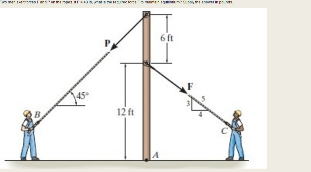 Two men exert forces F and P on the ropes. If P = 48 Ib, what is the required force F to maintain equilibrium? Supply the answer in pounds.
6 ft
12 ft
