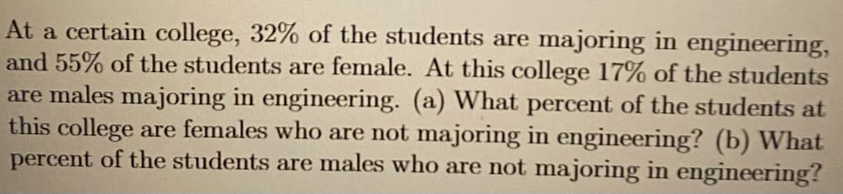 At a certain college, 32% of the students are majoring in engineering,
and 55% of the students are female. At this college 17% of the students
are males majoring in engineering. (a) What percent of the students at
this college are females who are not majoring in engineering? (b) What
percent of the students are males who are not majoring in engineering?
