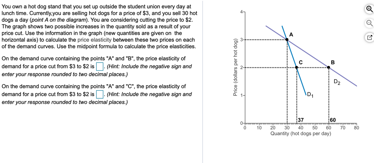 You own a hot dog stand that you set up outside the student union every day at
lunch time. Currently, you are selling hot dogs for a price of $3, and you sell 30 hot
dogs a day (point A on the diagram). You are considering cutting the price to $2.
The graph shows two possible increases in the quantity sold as a result of your
price cut. Use the information in the graph (new quantities are given on the
horizontal axis) to calculate the price elasticity between these two prices on each
of the demand curves. Use the midpoint formula to calculate the price elasticities.
A
On the demand curve containing the points "A" and "B", the price elasticity of
demand for a price cut from $3 to $2 is|. (Hint: Include the negative sign and
enter your response rounded to two decimal places.)
D2
On the demand curve containing the points "A" and "C", the price elasticity of
demand for a price cut from $3 to $2 is. (Hint: Include the negative sign and
enter your response rounded to two decimal places.)
:37
:60
10
20
30
40
50
60
70
80
Quantity (hot dogs per day)
Price (dollars per hot dog)
