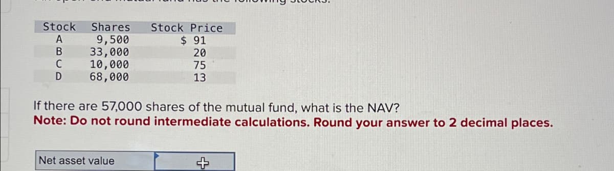 Stock
Shares
Stock Price
A
9,500
$ 91
B
33,000
20
C
10,000
75
D
68,000
13
If there are 57,000 shares of the mutual fund, what is the NAV?
Note: Do not round intermediate calculations. Round your answer to 2 decimal places.
Net asset value
+