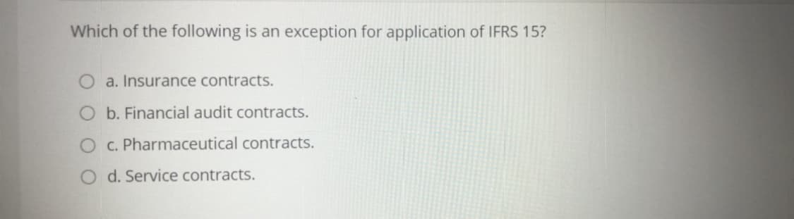 Which of the following is an exception for application of IFRS 15?
a. Insurance contracts.
b. Financial audit contracts.
c. Pharmaceutical contracts.
O d. Service contracts.
