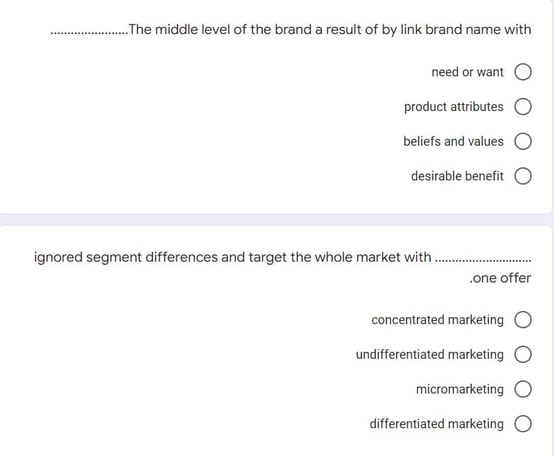 ....The middle level of the brand a result of by link brand name with
need or want
product attributes O
beliefs and values O
desirable benefit O
.one offer
concentrated marketing O
undifferentiated marketing O
micromarketing O
differentiated marketing O
ignored segment differences and target the whole market with.