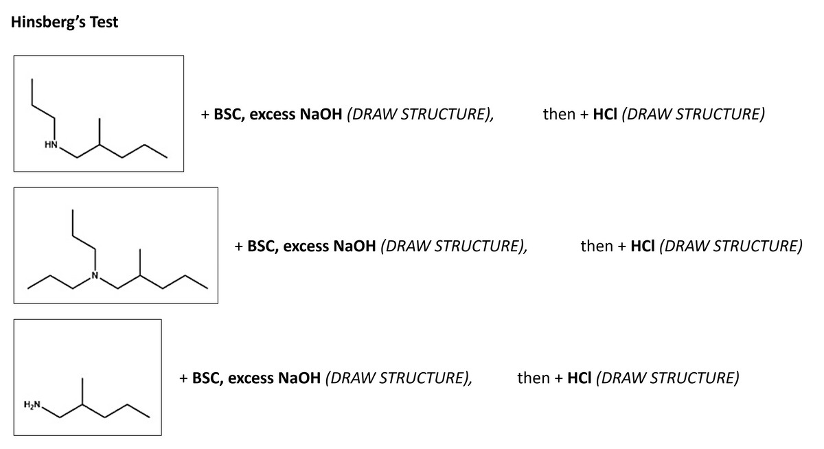 Hinsberg's Test
+ BSC, excess NaOH (DRAW STRUCTURE),
then + HCI (DRAW STRUCTURE)
HN
+ BSC, excess NAOH (DRAW STRUCTURE),
then + HCI (DRAW STRUCTURE)
+ BSC, excess NaOH (DRAW STRUCTURE),
then + HCI (DRAW STRUCTURE)
H,N.
