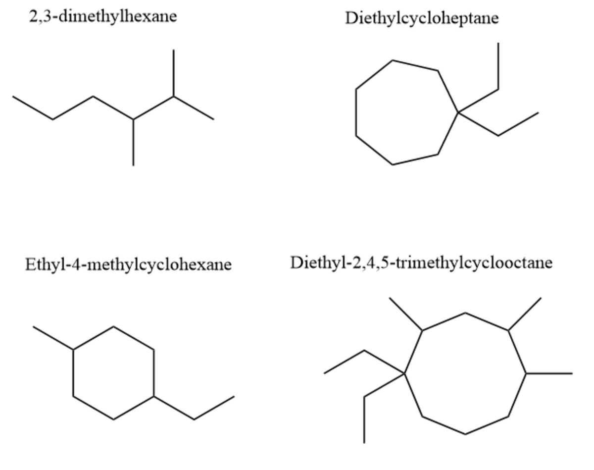 2,3-dimethylhexane
Ethyl-4-methylcyclohexane
Diethylcycloheptane
Diethyl-2,4,5-trimethylcyclooctane
xa
