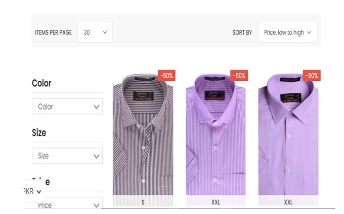 ITEMS PER PAGE
30
SORT BY
Price, low to high v
| -50%
| -50%
-50%
Color
Color
Size
Size
PKR v
XXL
XXL
Price
>
