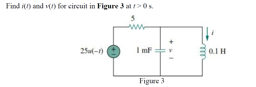 Find i(f) and v(t) for circuit in Figure 3 at t> 0s.
5
25u(-t)
1 mF
0.1 H
Figure 3
