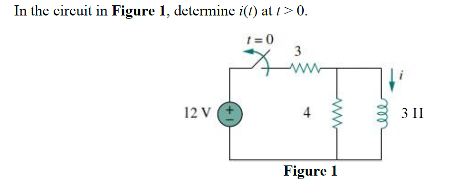 In the circuit in Figure 1, determine i(t) at t> 0.
t = 0
12 V
4
3 H
Figure 1
