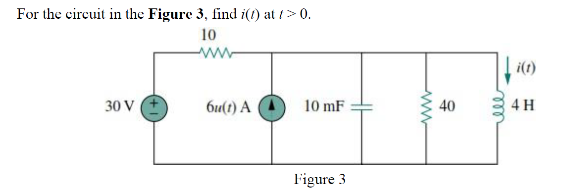 For the circuit in the Figure 3, find i(t) at t >0.
10
i(t)
30 V +
6u(t) A
10 mF
40
4 H
Figure 3
