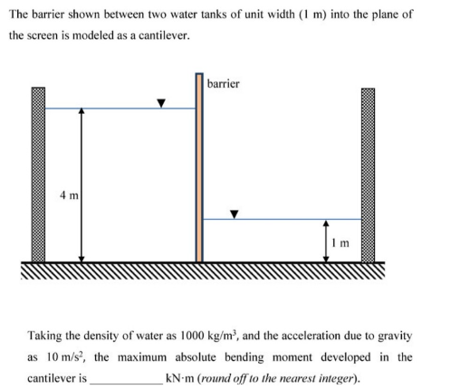 The barrier shown between two water tanks of unit width (I m) into the plane of
the screen is modeled as a cantilever.
barrier
4 m
1 m
Taking the density of water as 1000 kg/m², and the acceleration due to gravity
as 10 m/s, the maximum absolute bending moment developed in the
cantilever is
kN-m (round off to the nearest integer).
