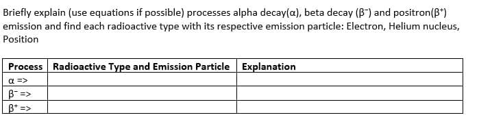 Briefly explain (use equations if possible) processes alpha decay(a), beta decay (B) and positron(B+)
emission and find each radioactive type with its respective emission particle: Electron, Helium nucleus,
Position
Process Radioactive Type and Emission Particle Explanation
α =>
B =>
B+=>