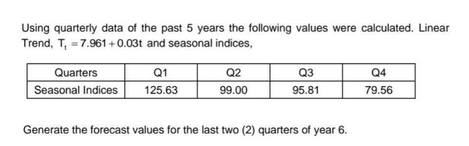 Using quarterly data of the past 5 years the following values were calculated. Linear
Trend, T₁ = 7.961 +0.03t and seasonal indices,
Quarters
Q1
Q2
Q3
Q4
Seasonal Indices
125.63
99.00
95.81
79.56
Generate the forecast values for the last two (2) quarters of year 6.