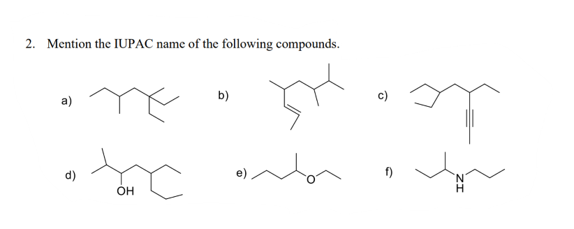 2. Mention the IUPAC name of the following compounds.
b)
c)
a)
d)
f)
OH
ZI
