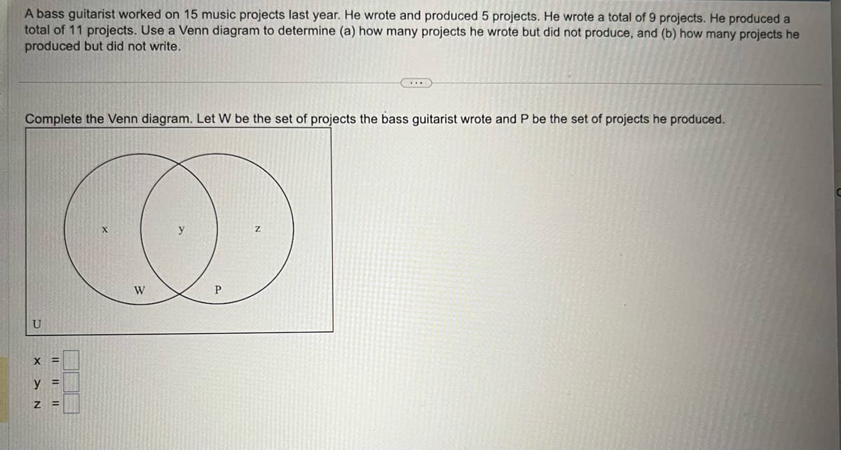 A bass guitarist worked on 15 music projects last year. He wrote and produced 5 projects. He wrote a total of 9 projects. He produced a
total of 11 projects. Use a Venn diagram to determine (a) how many projects he wrote but did not produce, and (b) how many projects he
produced but did not write.
Complete the Venn diagram. Let W be the set of projects the bass guitarist wrote and P be the set of projects he produced.
X =
y =
Z =
===
W
P
Z