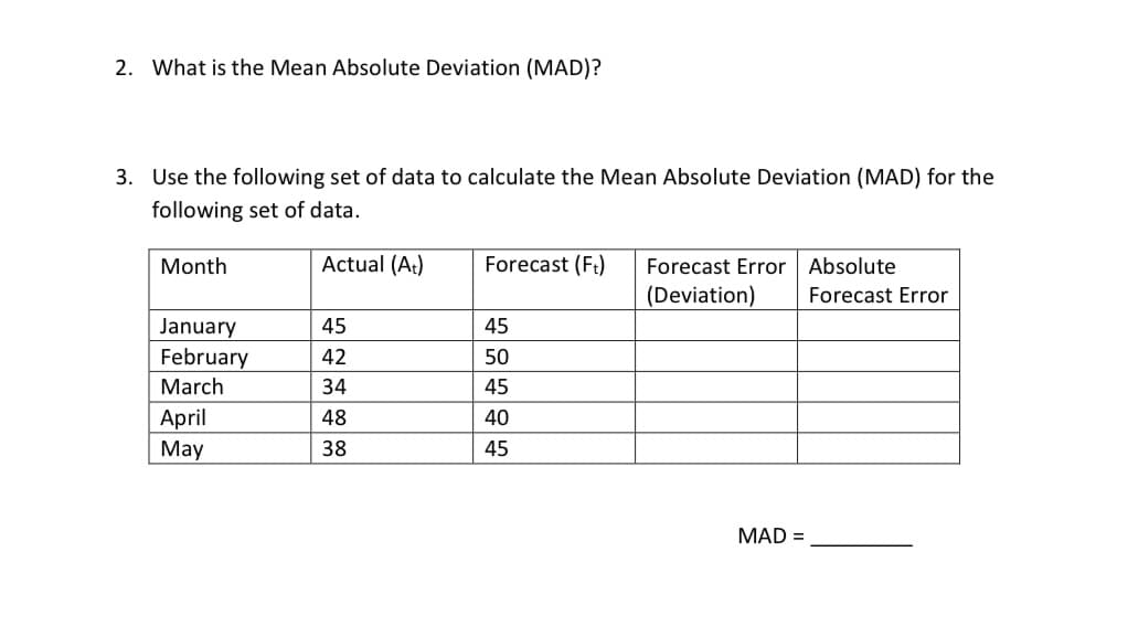 2. What is the Mean Absolute Deviation (MAD)?
3. Use the following set of data to calculate the Mean Absolute Deviation (MAD) for the
following set of data.
Month
Actual (At)
Forecast (Ft)
Forecast Error
Absolute
(Deviation)
Forecast Eror
January
February
45
45
42
50
March
34
45
April
May
48
40
38
45
MAD =
