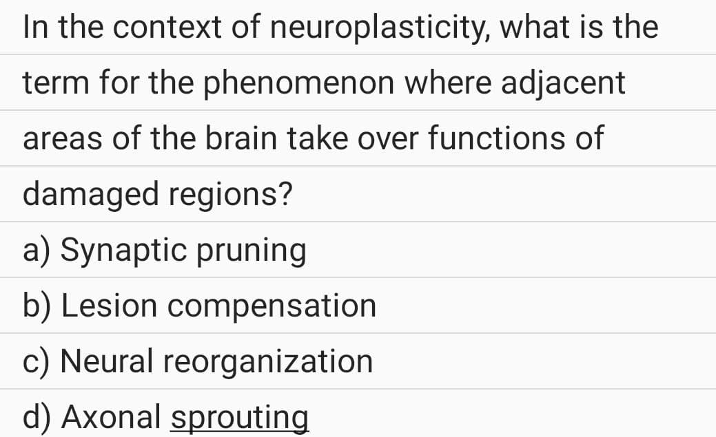 In the context of neuroplasticity, what is the
term for the phenomenon where adjacent
areas of the brain take over functions of
damaged regions?
a) Synaptic pruning
b) Lesion compensation
c) Neural reorganization
d) Axonal sprouting