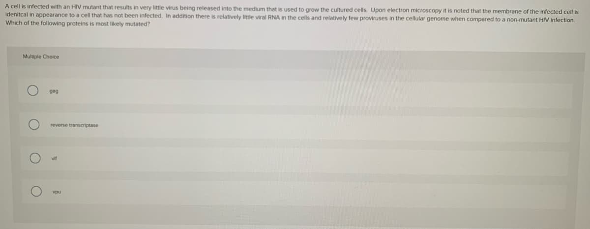 A cell is infected with an HIV mutant that results in very little virus being released into the medium that is used to grow the cultured cells. Upon electron microscopy it is noted that the membrane of the infected cell is
idenitcal in appearance to a cell that has not been infected. In addition there is relatively little viral RNA in the cells and relatively few proviruses in the cellular genome when compared to a non-mutant HIV infection.
Which of the following proteins is most likely mutated?
Multiple Choice
gag
reverse transcriptase
vif
vpu

