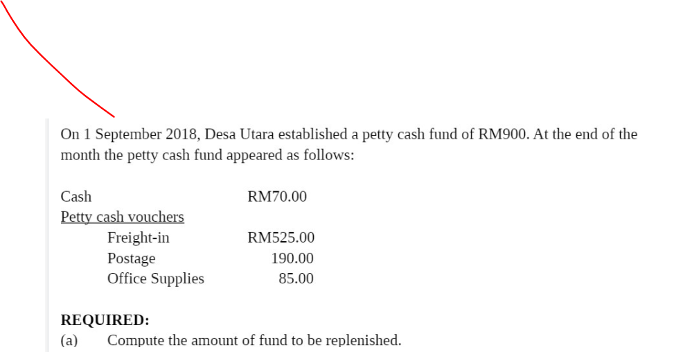 On 1 September 2018, Desa Utara established a petty cash fund of RM900. At the end of the
month the petty cash fund appeared as follows:
Cash
RM70.00
Petty cash vouchers
Freight-in
RM525.00
190.00
Postage
Office Supplies
85.00
REQUIRED:
(a)
Compute the amount of fund to be replenished.
