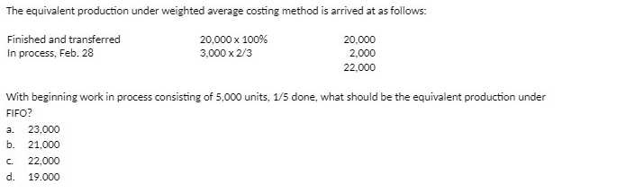 The equivalent production under weighted average costing method is arrived at as follows:
Finished and transferred
20,000 x 100%
20,000
In process, Feb. 28
3,000 x 2/3
2,000
22,000
With beginning work in process consisting of 5,000 units, 1/5 done, what should be the equivalent production under
FIFO?
а. 23,000
b.
21,000
C.
22,000
d.
19.000
