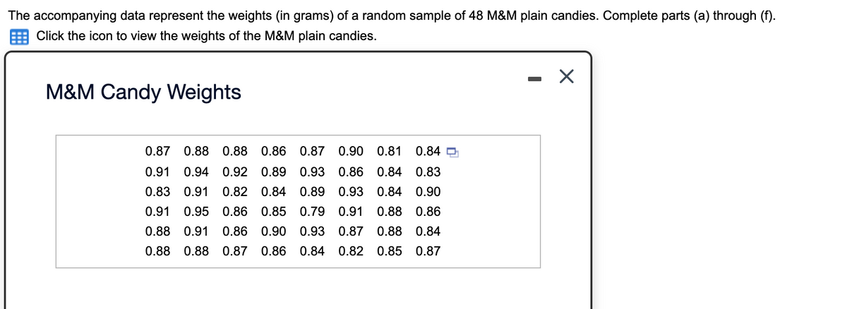 The accompanying data represent the weights (in grams) of a random sample of 48 M&M plain candies. Complete parts (a) through (f).
Click the icon to view the weights of the M&M plain candies.
M&M Candy Weights
0.87
0.88
0.88
0.86
0.87
0.90 0.81
0.84
0.91
0.94
0.92 0.89
0.93
0.86
0.84
0.83
0.83 0.91
0.82
0.84
0.89 0.93 0.84
0.90
0.91
0.95
0.86
0.85
0.79
0.91
0.88
0.86
0.88
0.91
0.86
0.90
0.93 0.87 0.88
0.84
0.88
0.88
0.87
0.86
0.84
0.82
0.85 0.87
