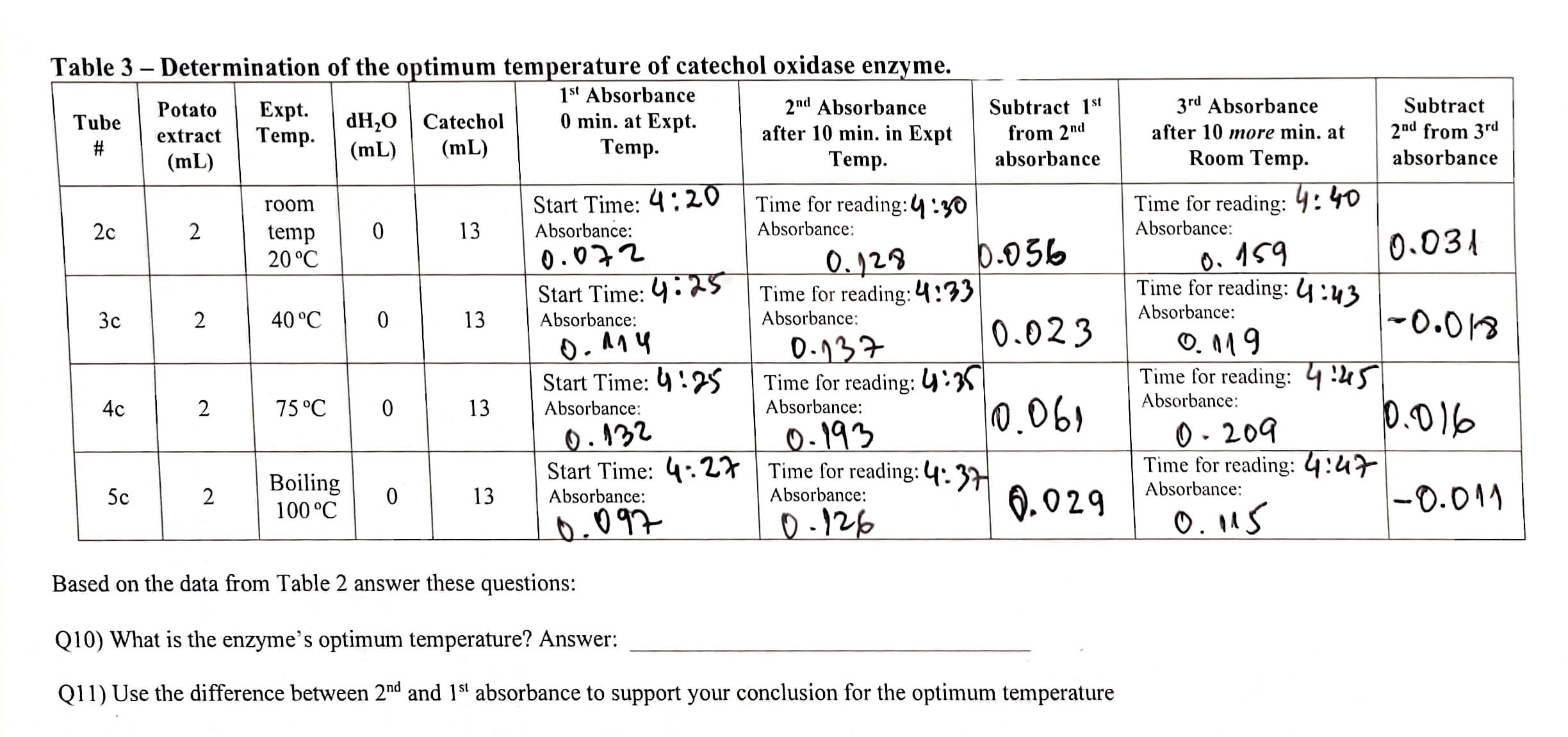 Table 3-Determination
Tube
#
Potato Expt.
Temp.
2c
3c
4c
5c
extract
(mL)
2
2
2
2
room
temp
20 °C
40 °C
75 °C
of the optimum temperature of catechol oxidase enzyme.
1st Absorbance
0 min. at Expt.
Temp.
Boiling
100 °C
dH₂O Catechol
(mL) (mL)
0
0
0
0
13
13
13
13
Start Time: 4:20
Absorbance:
0.072
Start Time: 4:25
Absorbance:
0.114
Start Time:
Absorbance:
25
0.132
Start Time: 4:27
Absorbance:
0.097
2nd Absorbance
after 10 min. in Expt
Temp.
Time for reading: 4:30
Absorbance:
0.128
Time for reading: 4:33
Absorbance:
0.036
0-137
Time for reading: 4:35
Absorbance:
Subtract 1st
from 2nd
absorbance
0.193
Time for reading: 4:37
Absorbance:
0-126
0.023
0.061
0.029
Based on the data from Table 2 answer these questions:
Q10) What is the enzyme's optimum temperature? Answer:
Q11) Use the difference between 2nd and 1st absorbance to support your conclusion for the optimum temperature
3rd Absorbance
after 10 more min. at
Room Temp.
Time for reading: 4:40
Absorbance:
0.159
Time for reading: 4:43
Absorbance:
0.119
Time for reading: 4:45
Absorbance:
0-209
Time for reading: 4:47
Absorbance:
0.115
Subtract
2nd from 3rd
absorbance
0.031
1-0.018
10.016
-0.011