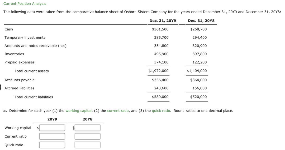 Current Position Analysis
The following data were taken from the comparative balance sheet of Osborn Sisters Company for the years ended December 31, 20Y9 and December 31, 20Y8:
Dec. 31, 20Y9
Dec. 31, 20Y8
Cash
$361,500
$268,700
Temporary investments
385,700
294,400
Accounts and notes receivable (net)
354,800
320,900
Inventories
495,900
397,800
Prepaid expenses
374,100
122,200
Total current assets
$1,972,000
$1,404,000
Accounts payable
$336,400
$364,000
Accrued liabilities
243,600
156,000
Total current liabilities
$580,000
$520,000
a. Determine for each year (1) the working capital, (2) the current ratio, and (3) the quick ratio. Round ratios to one decimal place.
20Y9
20Υ8
Working capital
$
2$
Current ratio
Quick ratio
