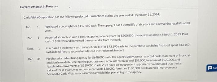 Current Attempt in Progress:
Carla Vista Corporation has the following selected transactions during the year ended December 31, 2024:
1 Purchased a copyright for $117,480 cash. The copyright has a useful life of six years and a remaining legal life of 30
years.
Jan.
Mar. 1
Sept. 1
Dec. 31
Acquired a franchise with a contract period of nine years for $500,850; the expiration date is March 1, 2033, Paid
cash of $38,820 and borrowed the remainder from the bank.
Purchased a trademark with an indefinite life for $73,190 cash. As the purchase was being finalized, spent $33,150
cash in legal fees to successfully defend the trademark in court.
Purchased an advertising agency for $640,000 cash. The agency's only assets reported on its statement of financial
position immediately before the purchase were accounts receivable of $58,000, furniture of $170,000, and
leasehold improvements of $320,000. Carla Vista hired an independent appraiser who estimated that the fair.
value of these assets was accounts receivable $58,000, furniture $180,000, and leasehold improvements
$336,000. Carla Vista is not assuming any liabilities pertaining to the agency.
h
SU