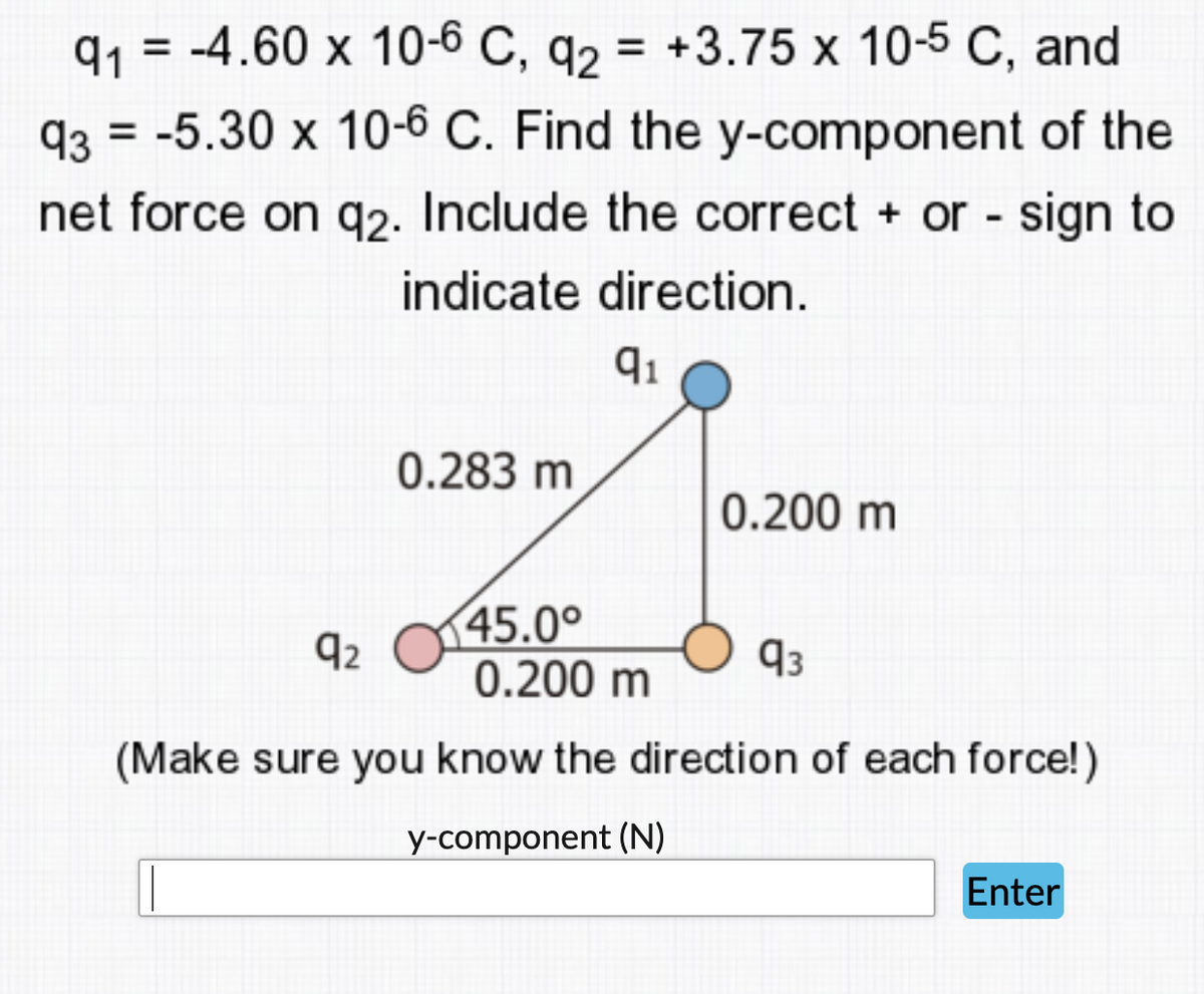 q1 = -4.60 x 10-6 C, q2 = +3.75 x 10-5 C, and
93 = -5.30 x 10-6 C. Find the y-component of the
%3D
net force on q2. Include the correct + or - sign to
indicate direction.
q1
0.283 m
0.200 m
45.00
0.200 m
q2
93
(Make sure you know the direction of each force!)
y-component (N)
Enter
