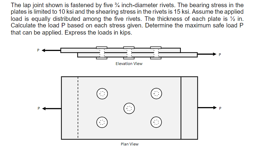 The lap joint shown is fastened by five % inch-diameter rivets. The bearing stress in the
plates is limited to 10 ksi and the shearing stress in the rivets is 15 ksi. Assume the applied
load is equally distributed among the five rivets. The thickness of each plate is ½ in.
Calculate the load P based on each stress given. Determine the maximum safe load P
that can be applied. Express the loads in kips.
Elevation View
Plan View
P.
::
::
P.
