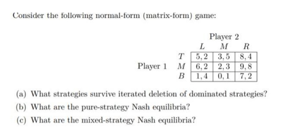 Consider the following normal-form (matrix-form) game:
Player 2
R
M
3,5 8,4
2,3 9,8
1,4
T.
5, 2
Player 1
6, 2
B
0,1
7,2
(a) What strategies survive iterated deletion of dominated strategies?
(b) What are the pure-strategy Nash equilibria?
(c) What are the mixed-strategy Nash equilibria?
