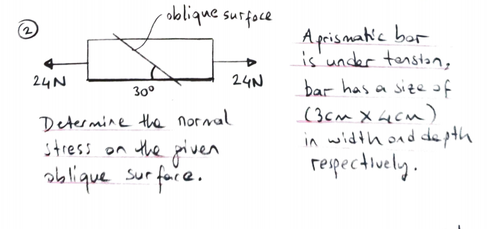 oblique surfoce
Aprismatic bor
is'under tenstn,
bar has a sizeof
(3cm X aCm)
in width ond de pth
reipectively.
24N
24N
30°
Determine the normal
stress on the given
oblique sur fore.
