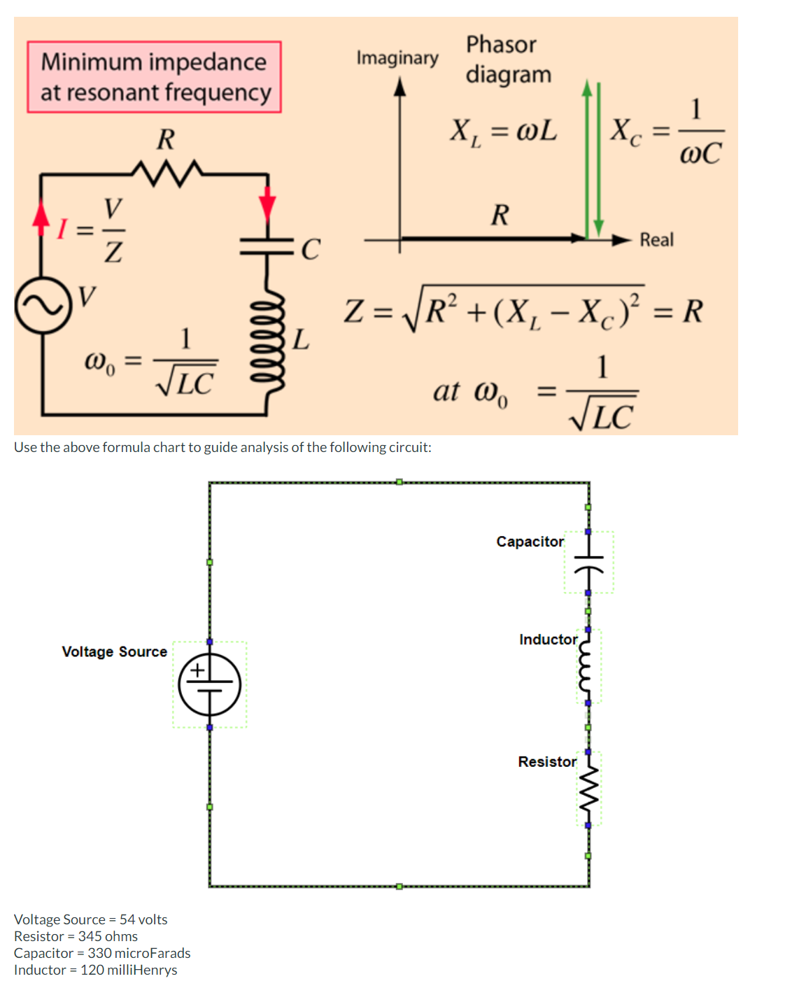 Minimum impedance
at resonant frequency
V
DIN
V
Z
Wo
R
√LC
Voltage Source
Voltage Source = 54 volts
Resistor = 345 ohms
④
с
Use the above formula chart to guide analysis of the following circuit:
Capacitor = 330 microfarads
Inductor = 120 milliHenrys
L
Imaginary
Phasor
diagram
X₁ = @L
R
at Wo =
Capacitor
Z= |R² + (X₁ − Xc)² = R
1
√LC
T
Inductor
Xc
Resistor
=
Real
1
@C