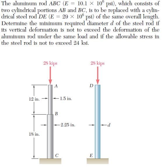 10.1 x 10° psi), which consists of
The aluminum rod ABC (E =
two cylindrical portions AB and BC, is to be replaced with a cylin-
drical steel rod DE (E = 29 X 10 psi) of the same overall length.
Determine the minimum required diameter d of the steel rod if
its vertical deformation is not to exceed the deformation of the
aluminum rod under the same load and if the allowable stress in
the steel rod is not to exceed 24 ksi.
28 kips
28 kips
A
D
12 in.
+1.5 in.
B
-2.25 in.
-
18 in.
C
E
