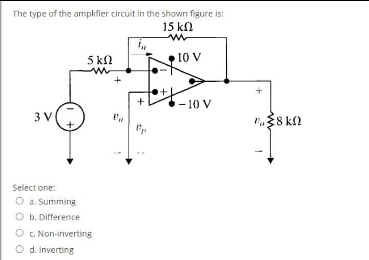 The type of the amplifier circuit in the shown figure is:
15 kN
5 kN
10 V
-10 V
3 V
,88 kN
Select one:
O a. Summing
O b. Difference
O C. Non-inverting
O d. Inverting
+

