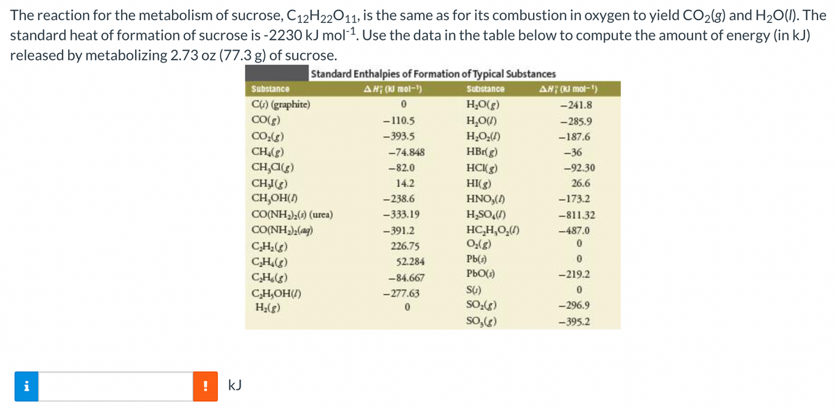 The reaction for the metabolism of sucrose, C12H22011, is the same as for its combustion in oxygen to yield CO2(g) and H20(1). The
standard heat of formation of sucrose is -2230 kJ mol-1. Use the data in the table below to compute the amount of energy (in kJ)
released by metabolizing 2.73 oz (77.3 g) of sucrose.
Standard Enthalpies of Formation of Typical Substances
AH; (KI mol-')
Substance
Substance
AH (K) mol-)
CG) (graphite)
CO(g)
Co.()
H,O(g)
-241.8
-110.5
H,O)
-285.9
-393.5
-187.6
CH(g)
-74.848
HBr(g)
-36
CH,CI(g)
-82.0
HCI(g)
-92.30
CHIg)
CH,OH()
14.2
HI(g)
26.6
-238.6
HNO,()
-173.2
CO(NH),(6) (urea)
-333.19
H,SO,()
-811.32
HC,H,0,)
0,(g)
-391.2
-487.0
CH,(g)
CH(g)
CH(g)
226.75
52.284
Pb(s)
-84.667
PbO(s)
-219.2
CH,OH()
-277.63
H2(g)
-296.9
So,(g)
-395.2
kJ
