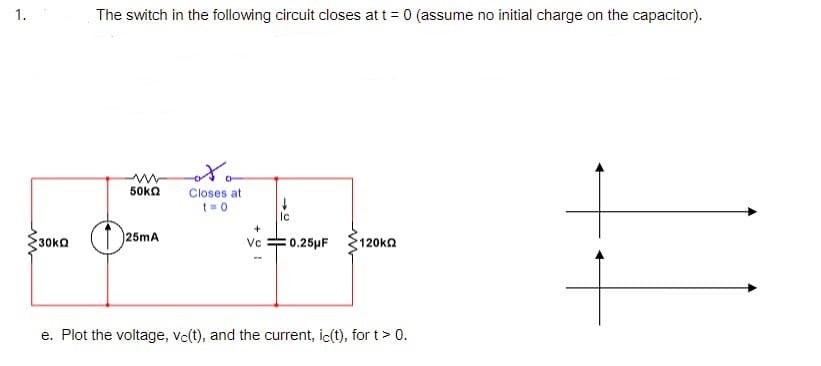 1.
The switch in the following circuit closes att = 0 (assume no initial charge on the capacitor).
50ka
Closes at
t=0
Ic
25mA
30KQ
Vc
= 0.25µF
120ka
e. Plot the voltage, vc(t), and the current, ic(t), for t> 0.
