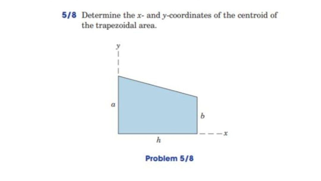 5/8 Determine the x- and y-coordinates of the centroid of
the trapezoidal area.
Problem 5/8
