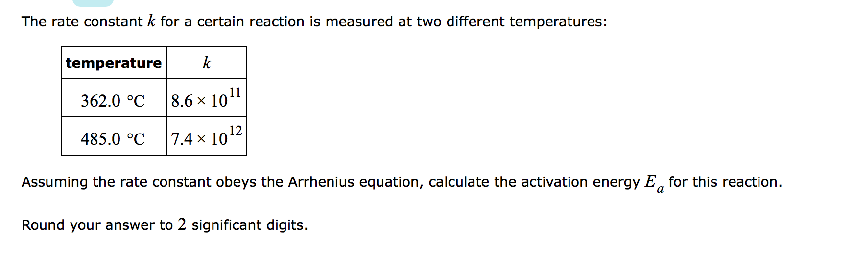 The rate constant k for a certain reaction is measured at two different temperatures:
temperature
k
362.0 °C
8.6 × 10"
485.0 °C
7.4 x 1012
Assuming the rate constant obeys the Arrhenius equation, calculate the activation energy E, for this reaction.
a
Round your answer to 2 significant digits.
