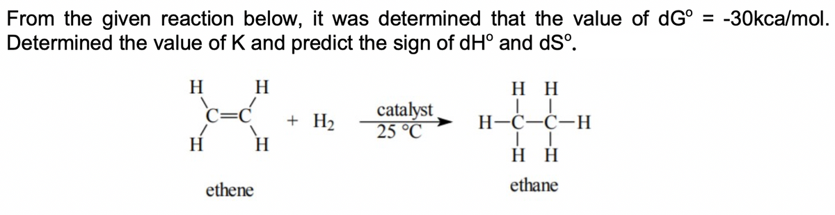 From the given reaction below, it was determined that the value of dG° = -30kca/mol.
Determined the value of K and predict the sign of dH° and dSº.
H
H
нн
+ H2
H
catalyst
25 °C
Н-С-С—Н
í
H
нн
ethene
ethane
