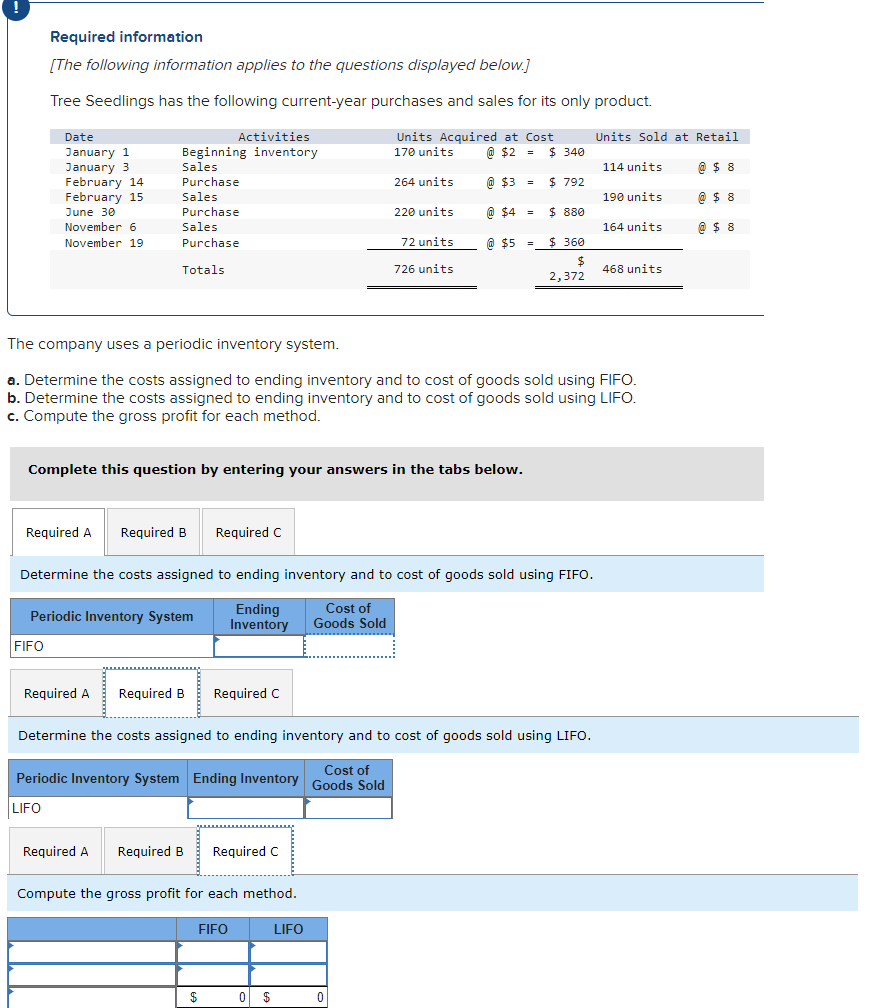 Required information
[The following information applies to the questions displayed below.]
Tree Seedlings has the following current-year purchases and sales for its only product.
Date
January 1
January 3
February 14
February 15
June 30
November 6
November 19
Activities
Beginning inventory
Sales
Purchase
Sales
Purchase
Sales
Purchase
Totals
FIFO
Required A Required B Required C
Periodic Inventory System
Required A Required B
Complete this question by entering your answers in the tabs below.
Required C
Required A Required B Required C
Compute the gross profit for each method.
FIFO
$
Units Acquired at Cost
170 units
@ $2 =
264 units
0 $
220 units
Determine the costs assigned to ending inventory and to cost of goods sold using FIFO.
Ending
Cost of
Goods Sold
Inventory
LIFO
72 units
726 units
The company uses a periodic inventory system.
a. Determine the costs assigned to ending inventory and to cost of goods sold using FIFO.
b. Determine the costs assigned to ending inventory and to cost of goods sold using LIFO.
c. Compute the gross profit for each method.
0
@$3 =
$340
Determine the costs assigned to ending inventory and to cost of goods sold using LIFO.
Cost of
Periodic Inventory System Ending Inventory Goods Sold
LIFO
$ 792
@ $4 =
$ 880
@$5= $360
2,372
Units Sold at Retail
114 units
190 units
164 units
468 units
@ $8
@ $8
@ $8