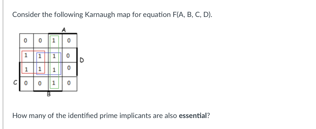 Consider the following Karnaugh map for equation F(A, B, C, D).
1
1 1
1
1
|1|| 1
How many of the identified prime implicants are also essential?
1.
