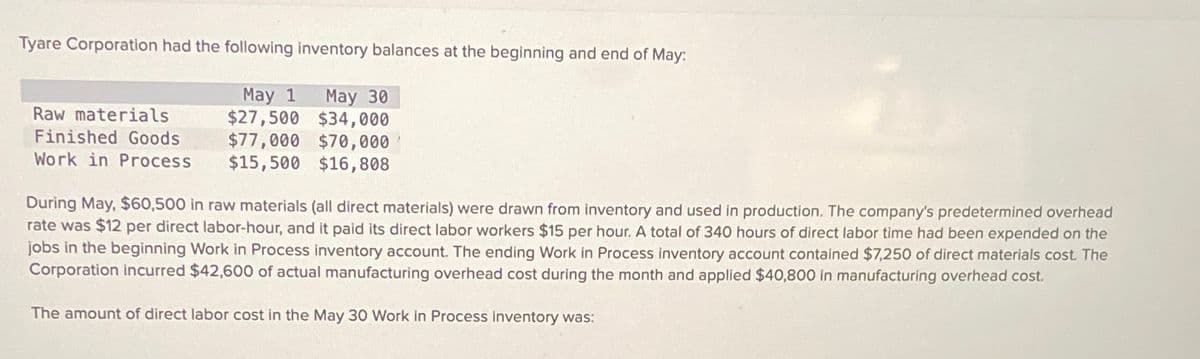 Tyare Corporation had the following inventory balances at the beginning and end of May:
Raw materials
Finished Goods
Work in Process
May 1 May 30
$27,500 $34,000
$77,000 $70,000
$15,500 $16,808
During May, $60,500 in raw materials (all direct materials) were drawn from inventory and used in production. The company's predetermined overhead
rate was $12 per direct labor-hour, and it paid its direct labor workers $15 per hour. A total of 340 hours of direct labor time had been expended on the
jobs in the beginning Work in Process inventory account. The ending Work in Process inventory account contained $7,250 of direct materials cost. The
Corporation incurred $42,600 of actual manufacturing overhead cost during the month and applied $40,800 in manufacturing overhead cost.
The amount of direct labor cost in the May 30 Work in Process inventory was: