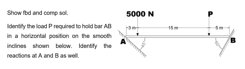 Show fbd and comp sol.
Identify the load P required to hold bar AB
in a horizontal position on the smooth
inclines shown below.
below. Identify the
reactions at A and B as well.
5000 N
-3 m-
15 m
P
5m
B