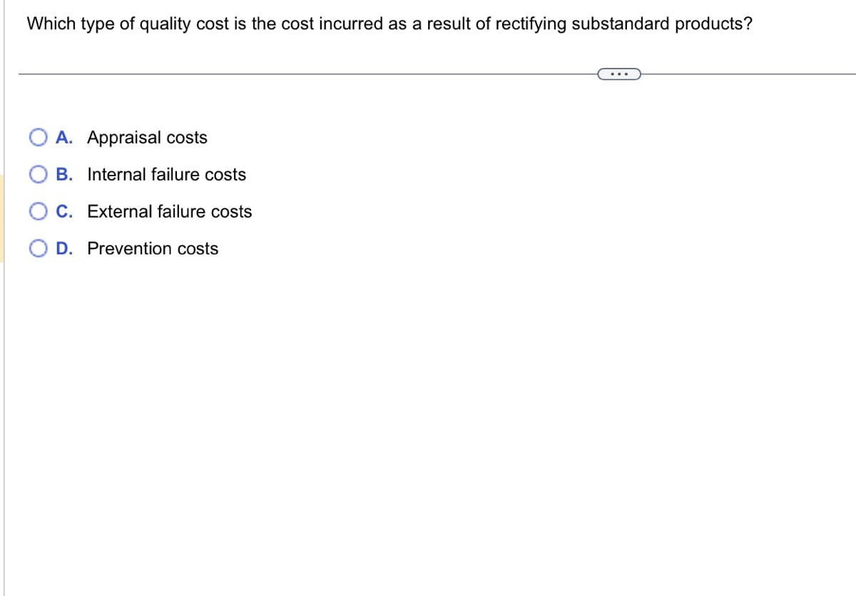 Which type of quality cost is the cost incurred as a result of rectifying substandard products?
A. Appraisal costs
B. Internal failure costs
C. External failure costs
D. Prevention costs