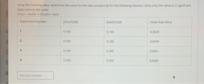 Using the following data, determine the value for the rate constant (k) for the following reaction: (Give only the value to 2 significant
digits without the units)
CH₂CI+ NaOH-CH₂OH + NaCl
Experiment Number
1
2
3
4
Add your answer
ICH,CH] (M)
0.100
0.200
0.100
0.200
[NaOH] (M)
0.100
0,100
0.200
0.200
Initial Rate (M/s)
0.0020
0.0039
0.0041
0.0082