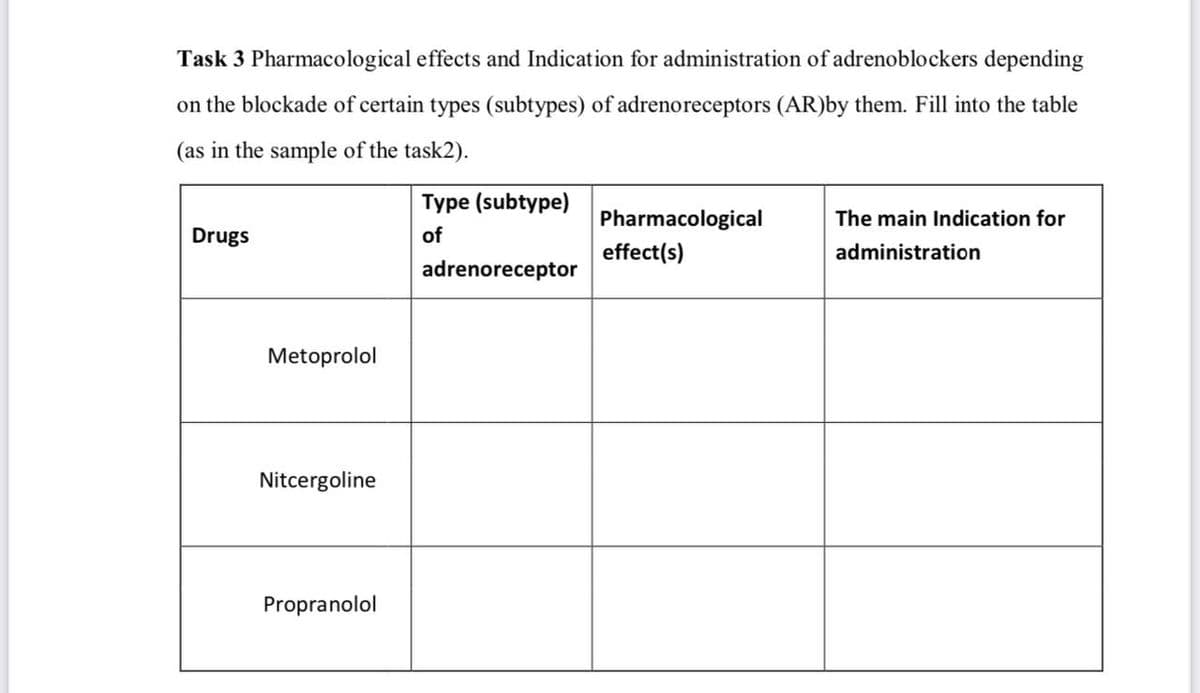 Task 3 Pharmacological effects and Indication for administration of adrenoblockers depending
on the blockade of certain types (subtypes) of adrenoreceptors (AR)by them. Fill into the table
(as in the sample of the task2).
Type (subtype)
Drugs
of
Pharmacological
effect(s)
The main Indication for
administration
adrenoreceptor
Metoprolol
Nitcergoline
Propranolol